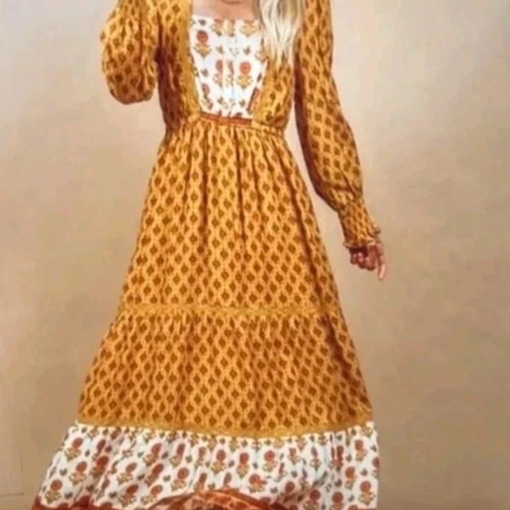 In Loom Chic Mustard and White Patterned Long Sleeve Dress Size M